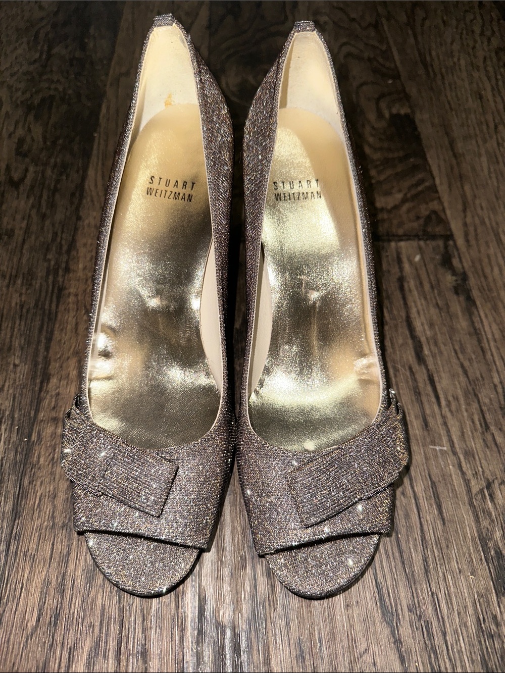 Stuart Weitzman Metallic Bronze Glitter Peep-Toe Heels with Bow Detail